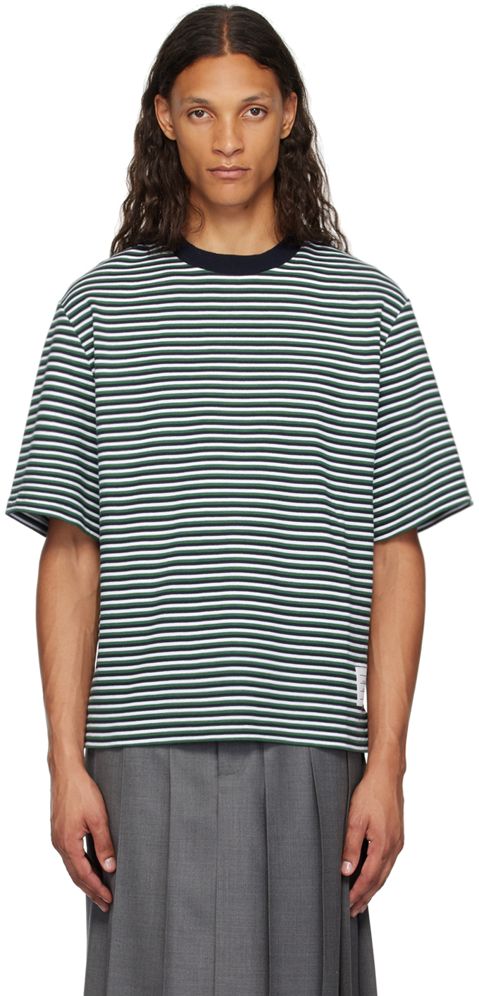 Shop Thom Browne Green & White Striped T-shirt In 301 Navy/green/white