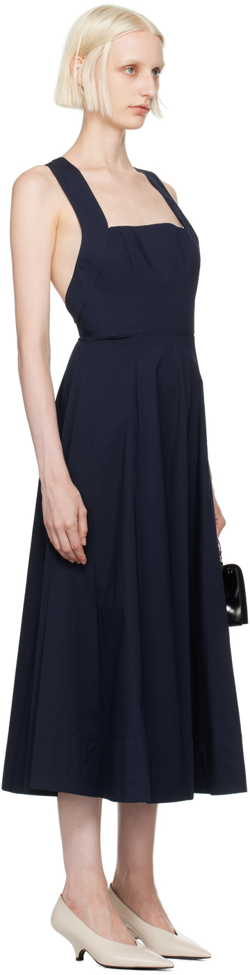 Staud Wells Pleated Cotton-blend Poplin Midi Dress In Nvy Navy