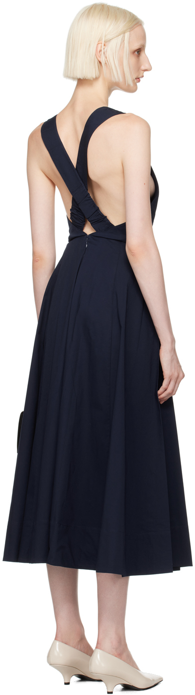Staud Wells Pleated Cotton-blend Poplin Midi Dress In Nvy Navy