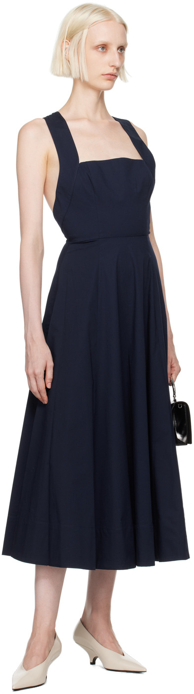 Staud Wells Pleated Cotton-blend Poplin Midi Dress In Nvy Navy