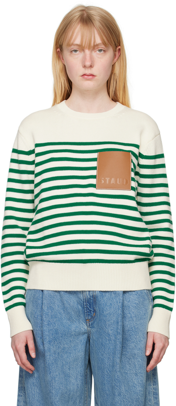 Shop Staud Off-white & Green Sunset Sweater In Vbsp Vert Breton Str