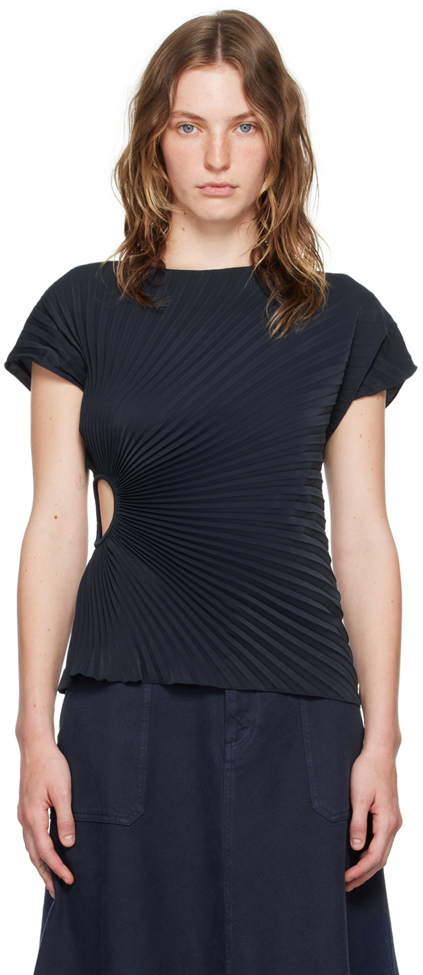 Shop Kenzo Navy  Paris Sun-ray Pleats T-shirt In 79 Blue Black