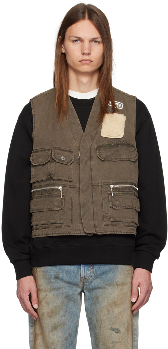 Shop Kenzo Khaki Mutlipocket Vest In Taupe