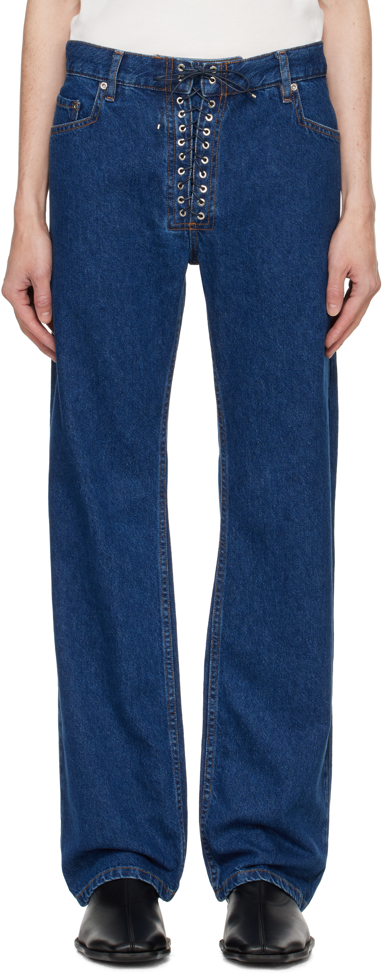 Shop Ludovic De Saint Sernin Blue Straight Legs Lace Up Jeans