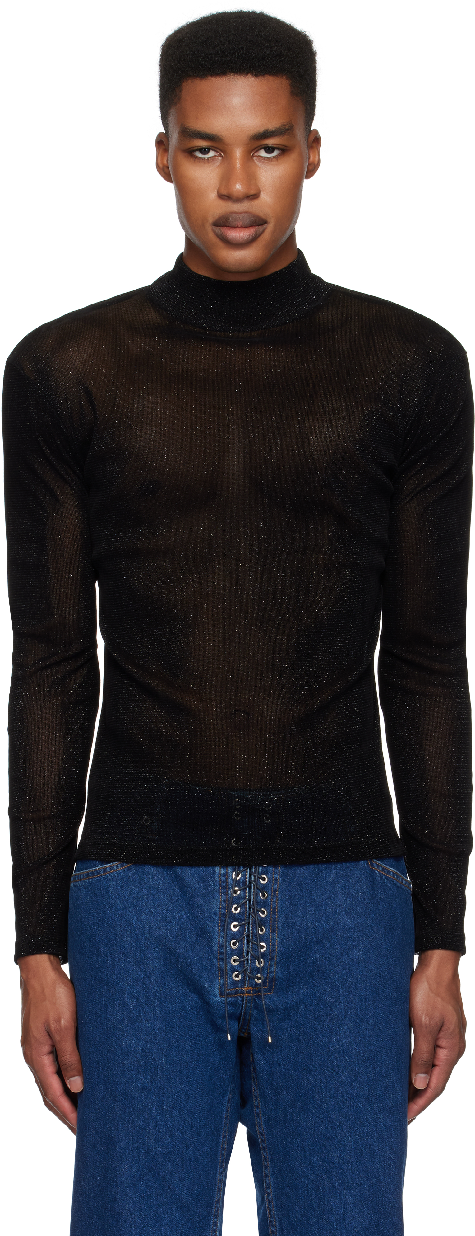 Ludovic De Saint Sernin Black Mock Neck Velvet T-shirt