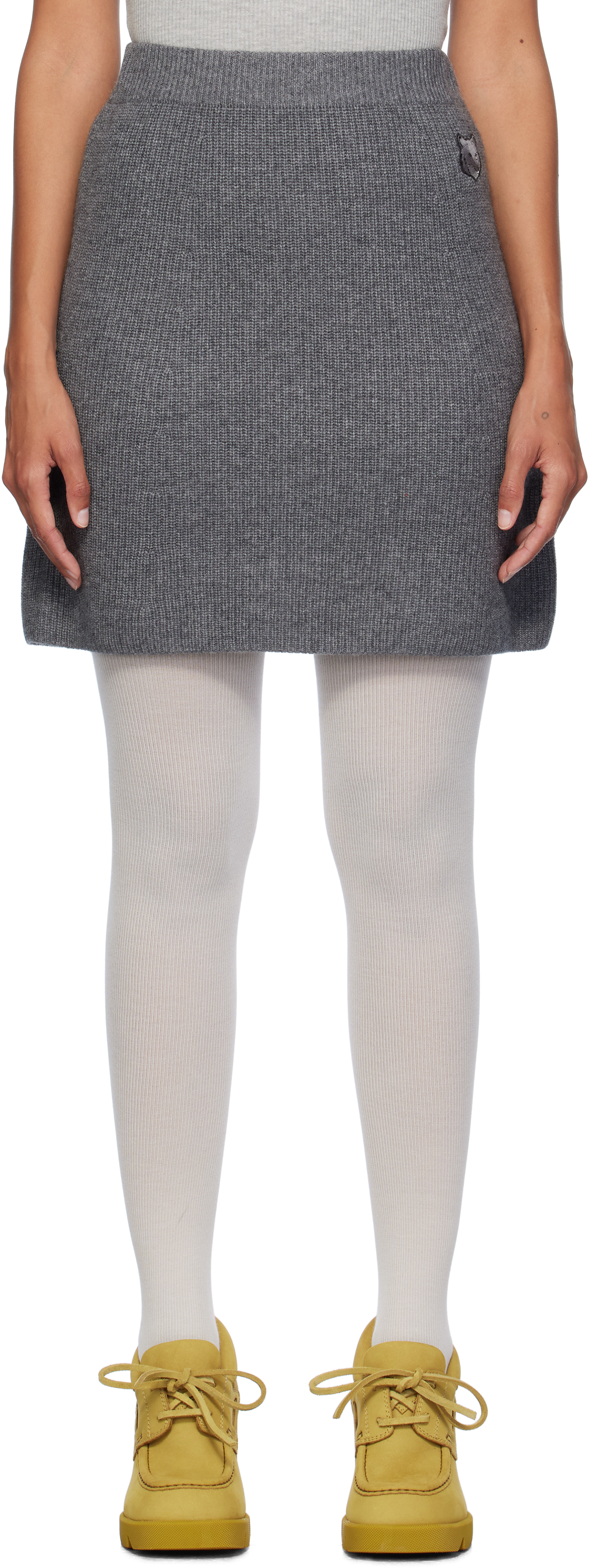MAISON KITSUNÉ GRAY BOLD FOX HEAD PATCH RIBBED MINISKIRT