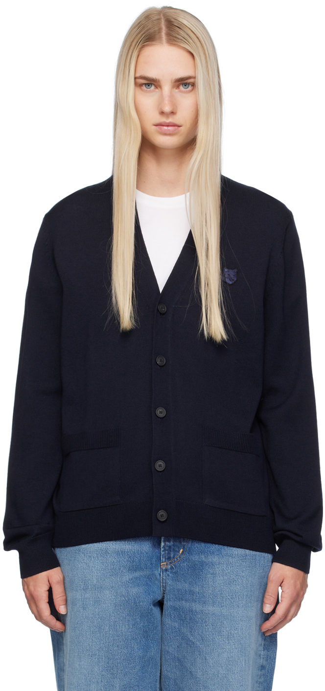 Maison Kitsuné Navy Bold Fox Head Cardigan In P476 Ink Blue