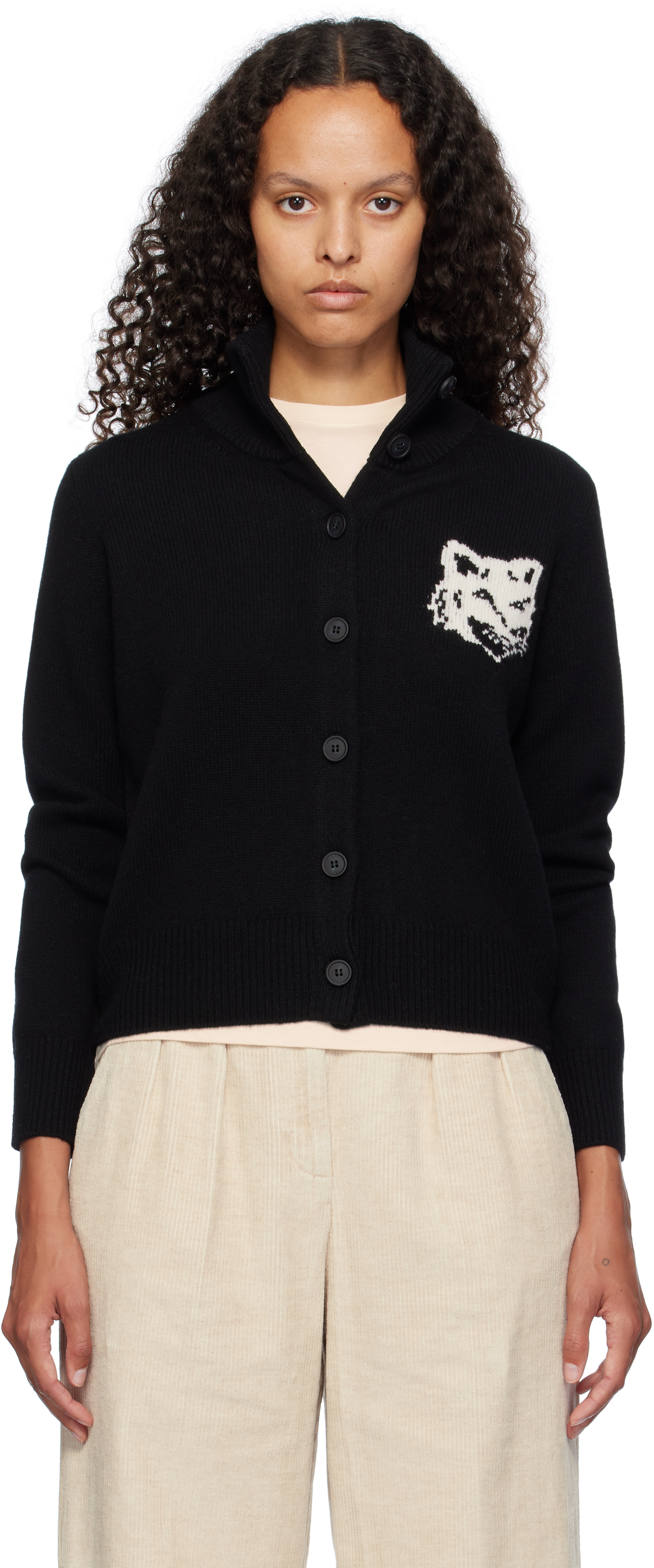 Maison Kitsuné Black Fox Head Intarsia High Neck Cardigan