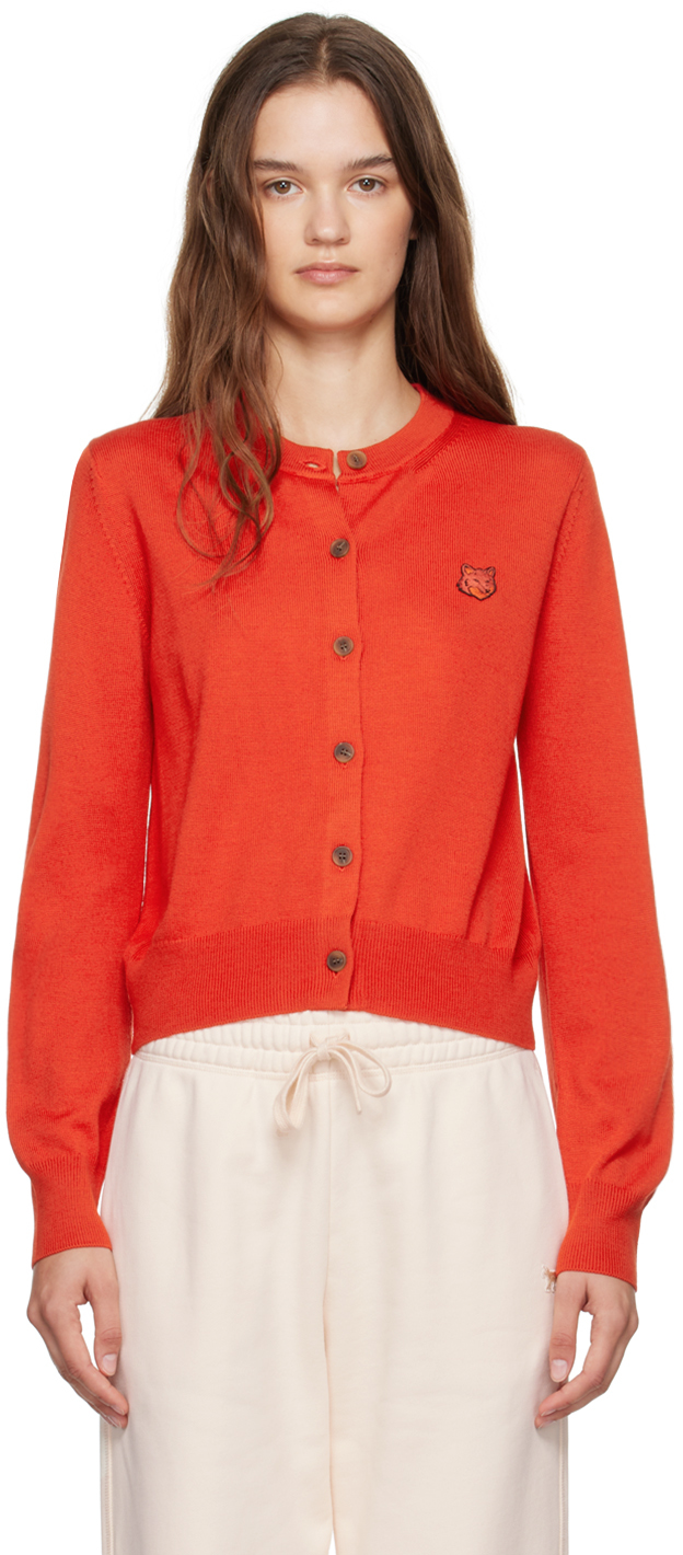 Shop Maison Kitsuné Red Bold Fox Head Patch Cardigan In P653 Autumn Red