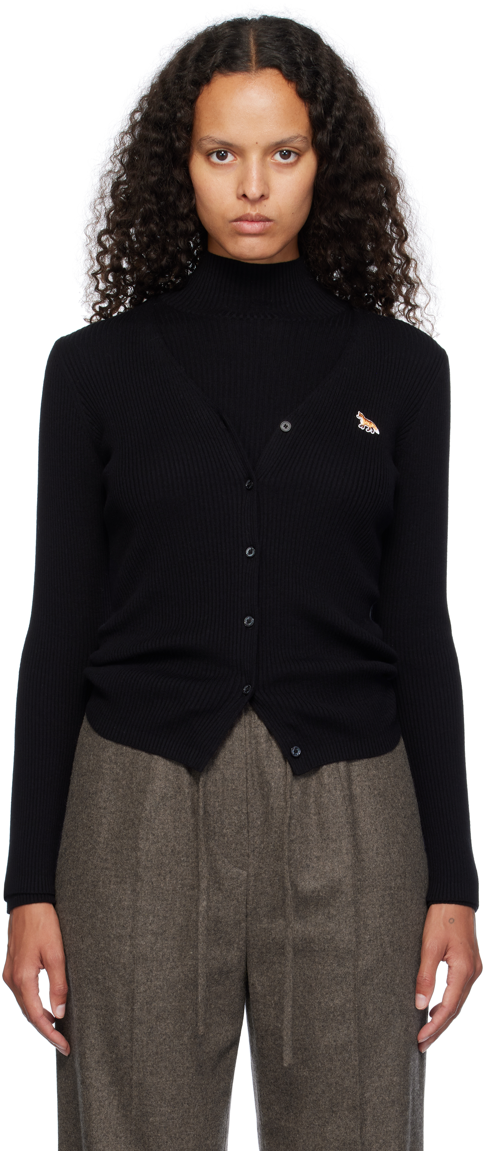 Shop Maison Kitsuné Black Baby Fox Patch Fine Ribbed Cardigan In P199 Black