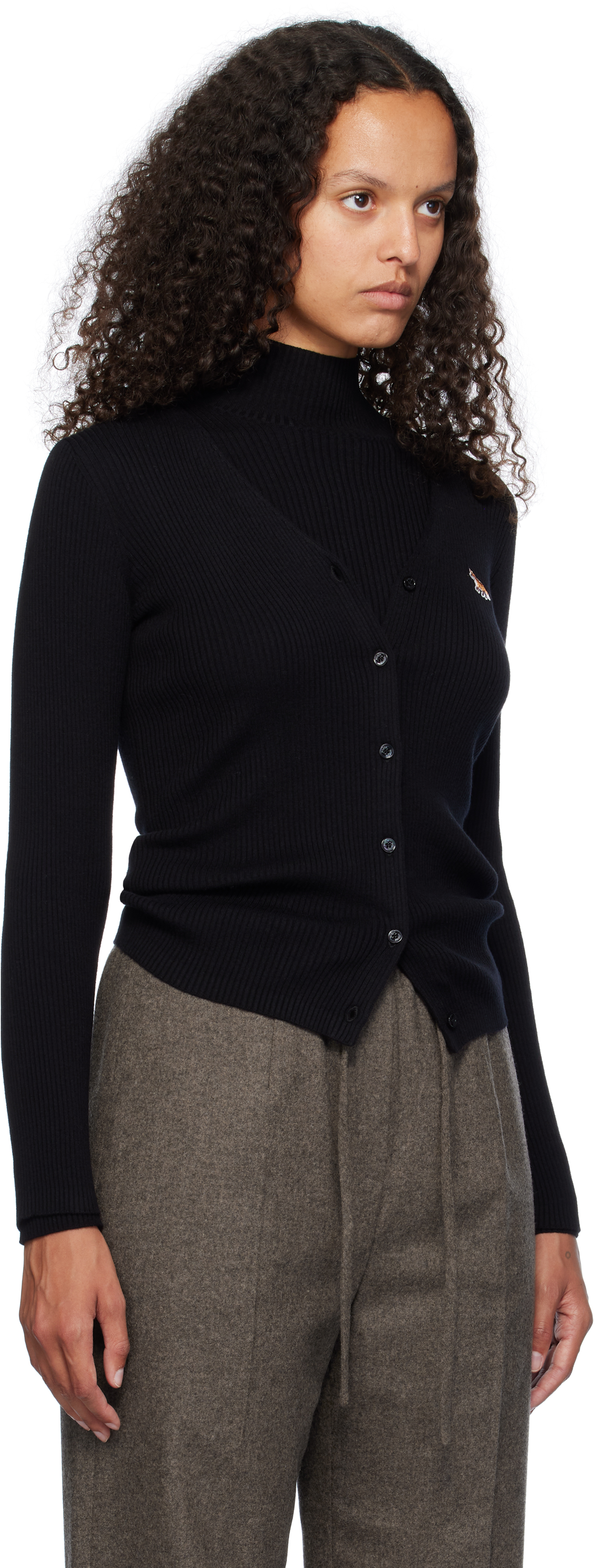 Shop Maison Kitsuné Black Baby Fox Patch Fine Ribbed Cardigan In P199 Black