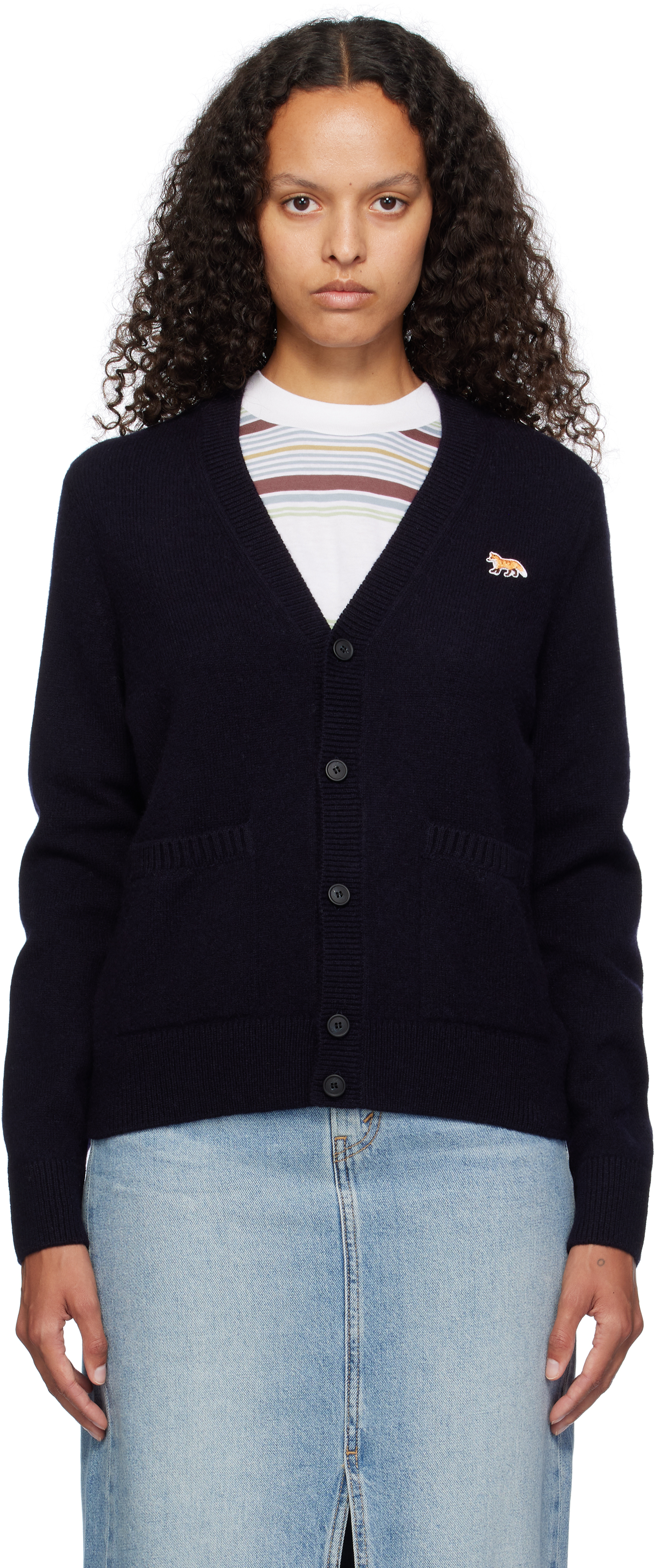 Maison Kitsuné Oversized Blue Cardigan 100% Wool With Fox Patch In P480 Navy