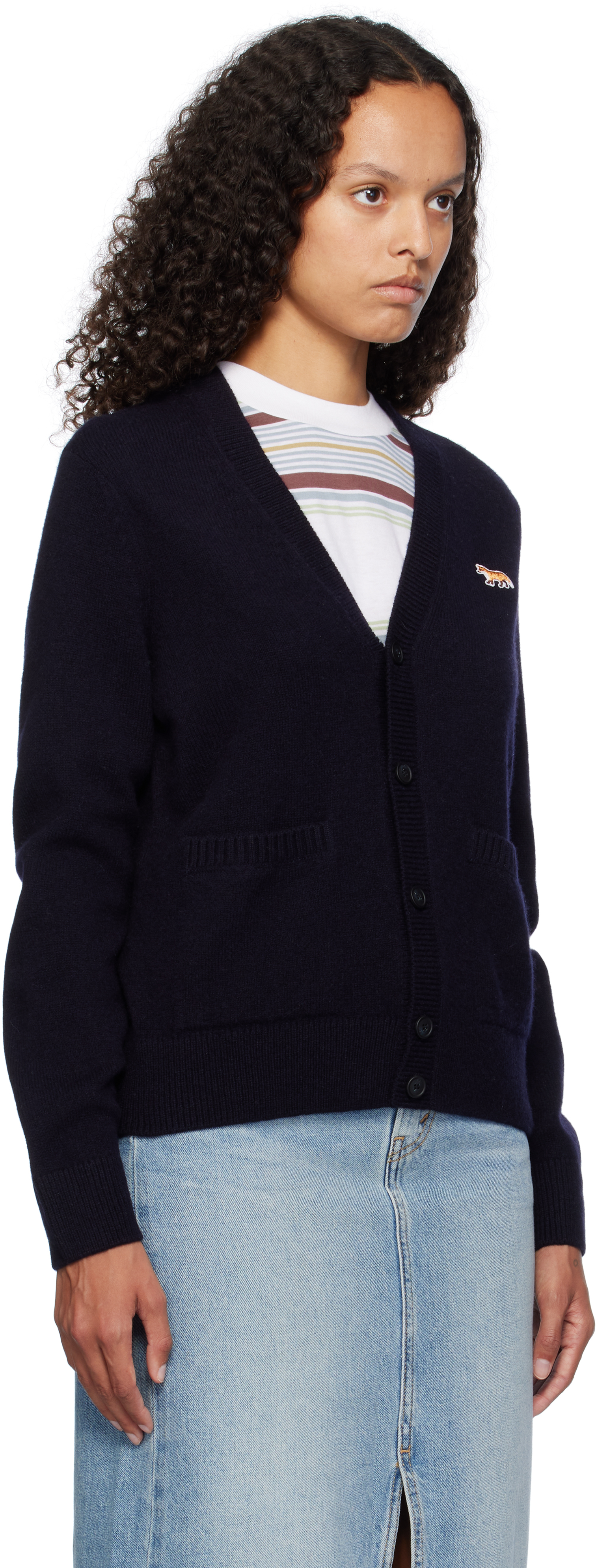 Maison Kitsuné Oversized Blue Cardigan 100% Wool With Fox Patch In P480 Navy