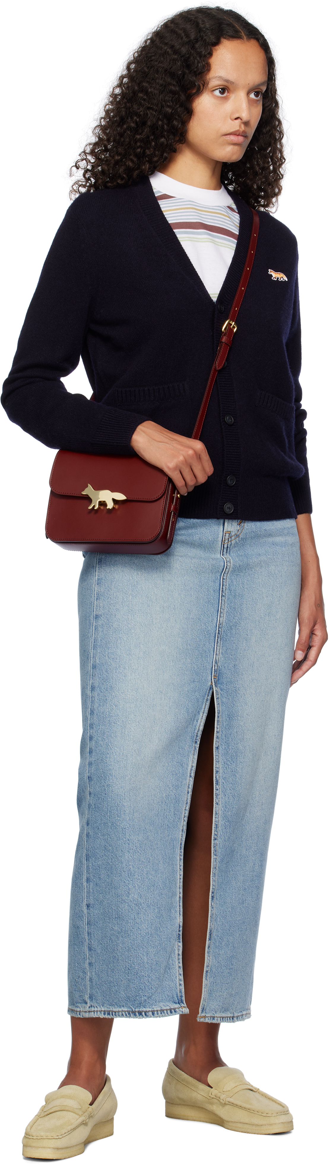 Maison Kitsuné Oversized Blue Cardigan 100% Wool With Fox Patch In P480 Navy