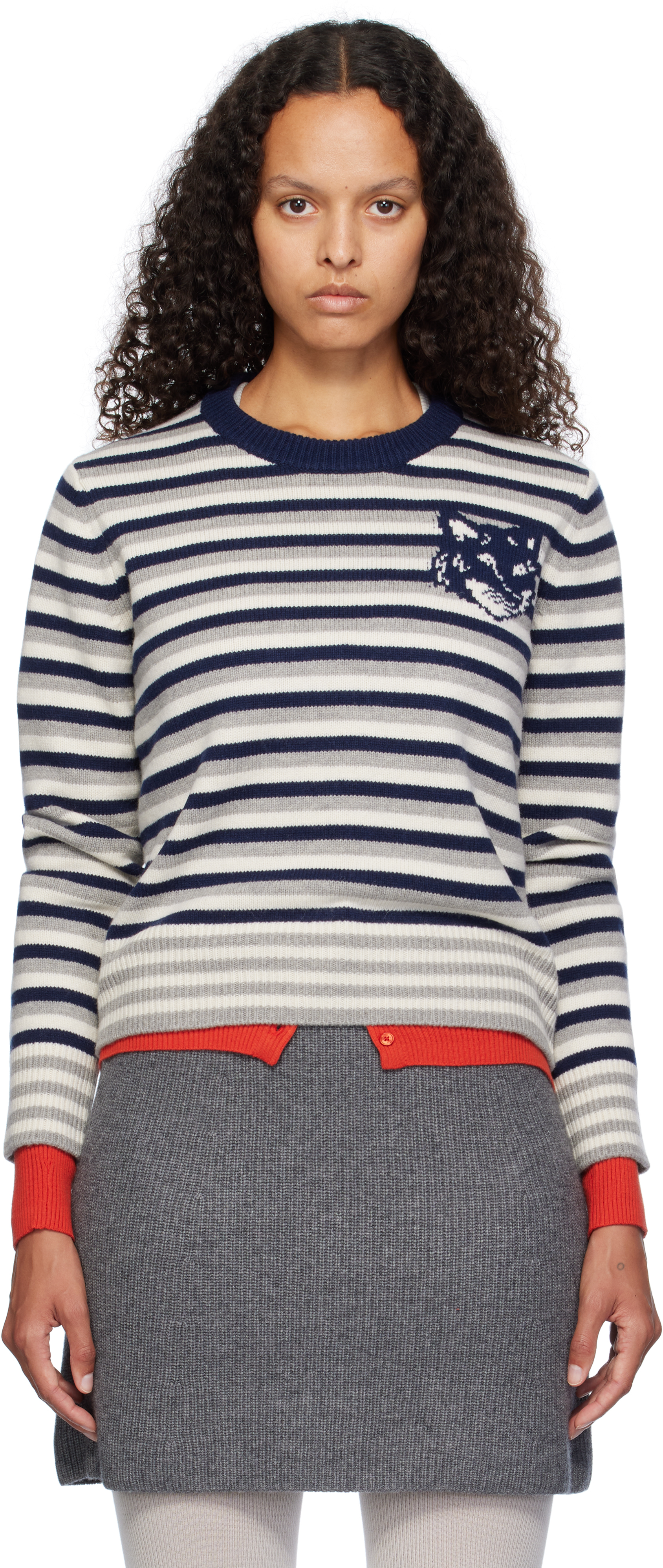 Maison Kitsuné Blue & Off-White Fox Head Intarsia Striped Sweater