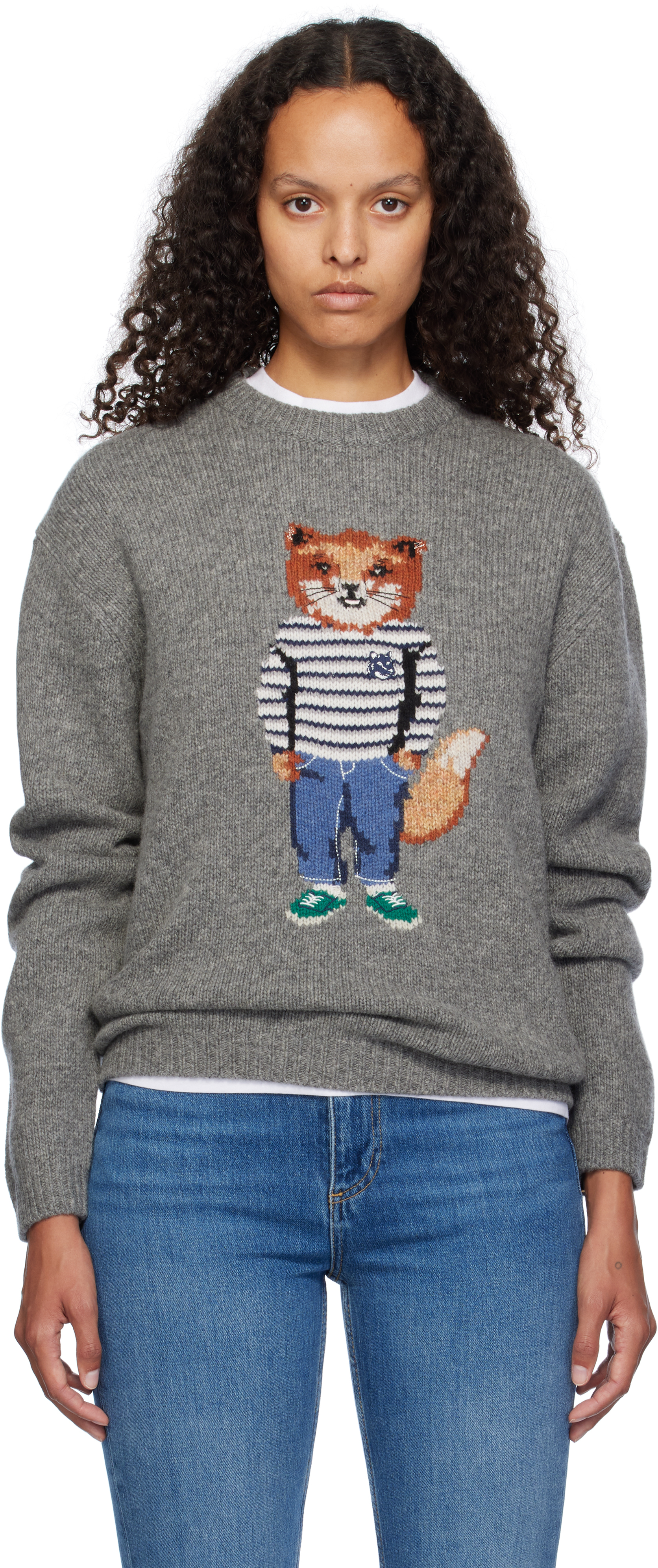 Maison Kitsuné Gray Dressed Fox Intarsia Sweater In H131 Medium Grey Mel