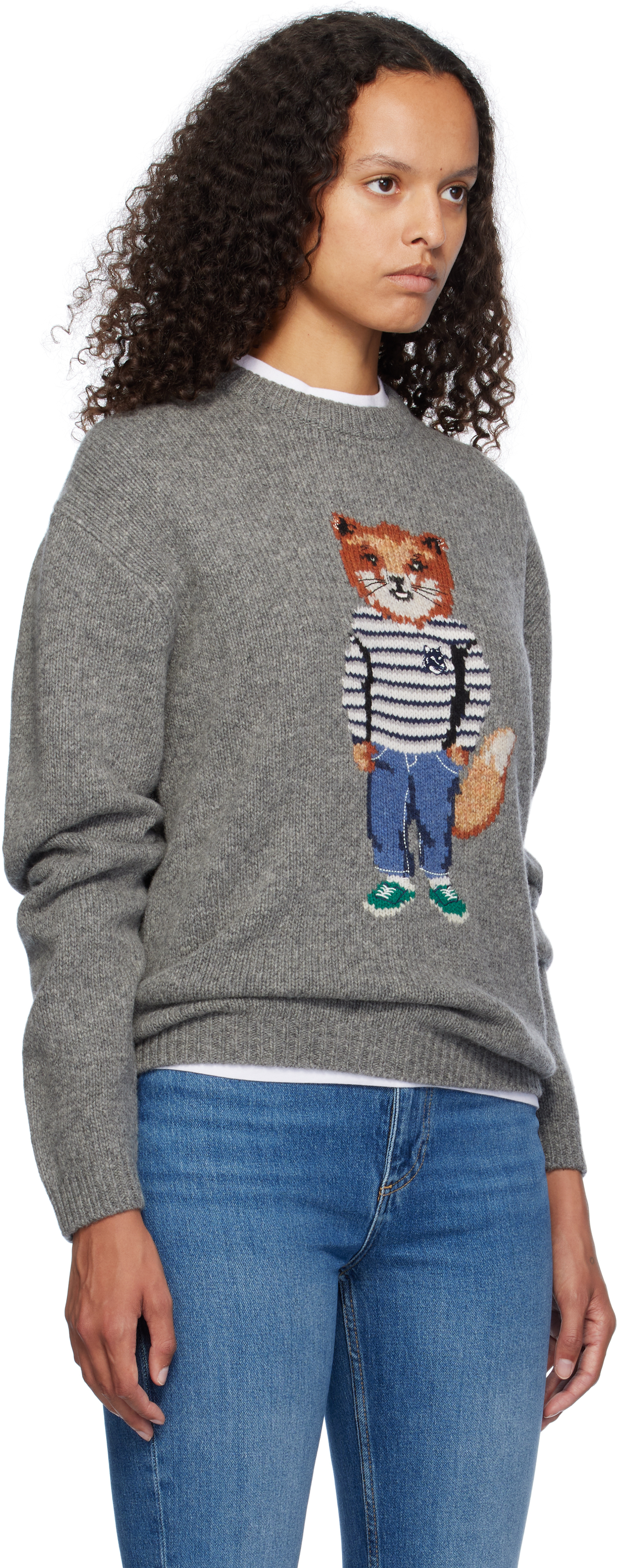 MAISON KITSUNÉ GRAY DRESSED FOX INTARSIA SWEATER