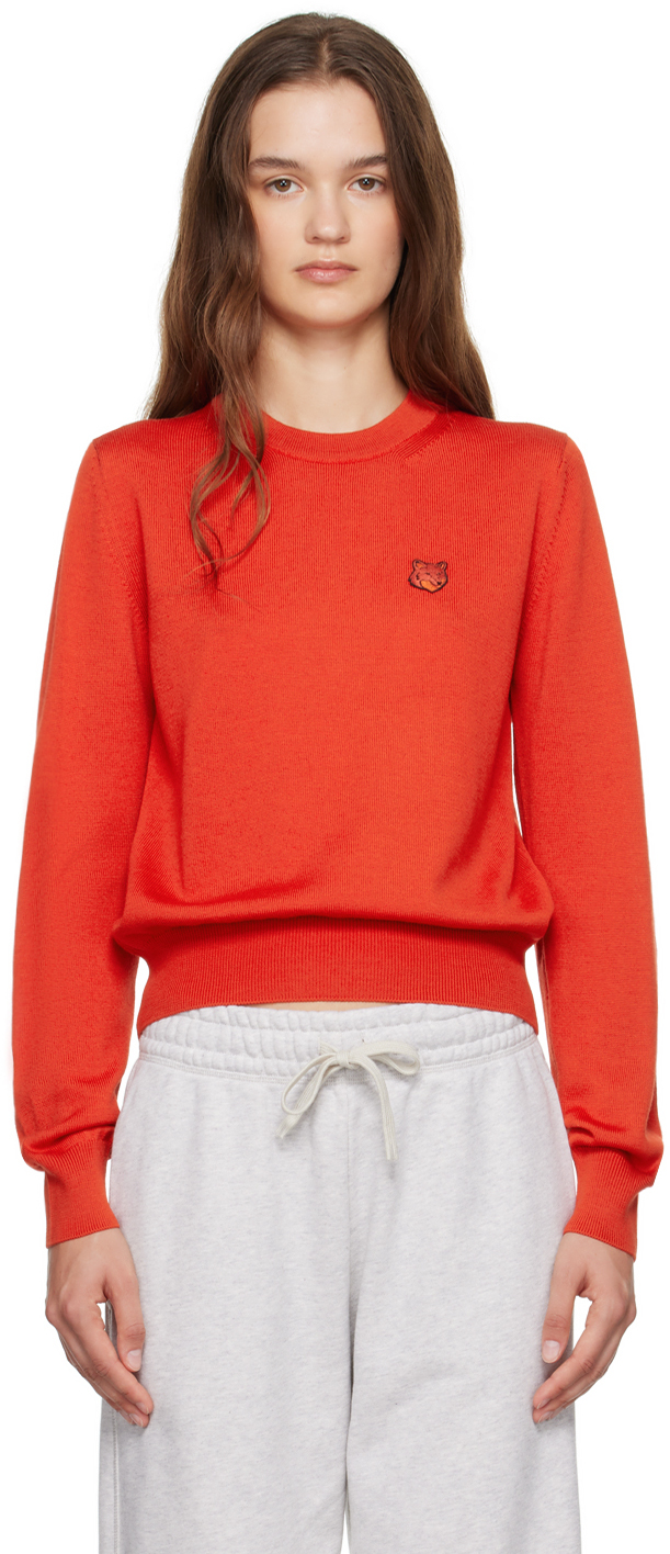 Shop Maison Kitsuné Red Bold Fox Head Patch Sweater In P653 Autumn Red