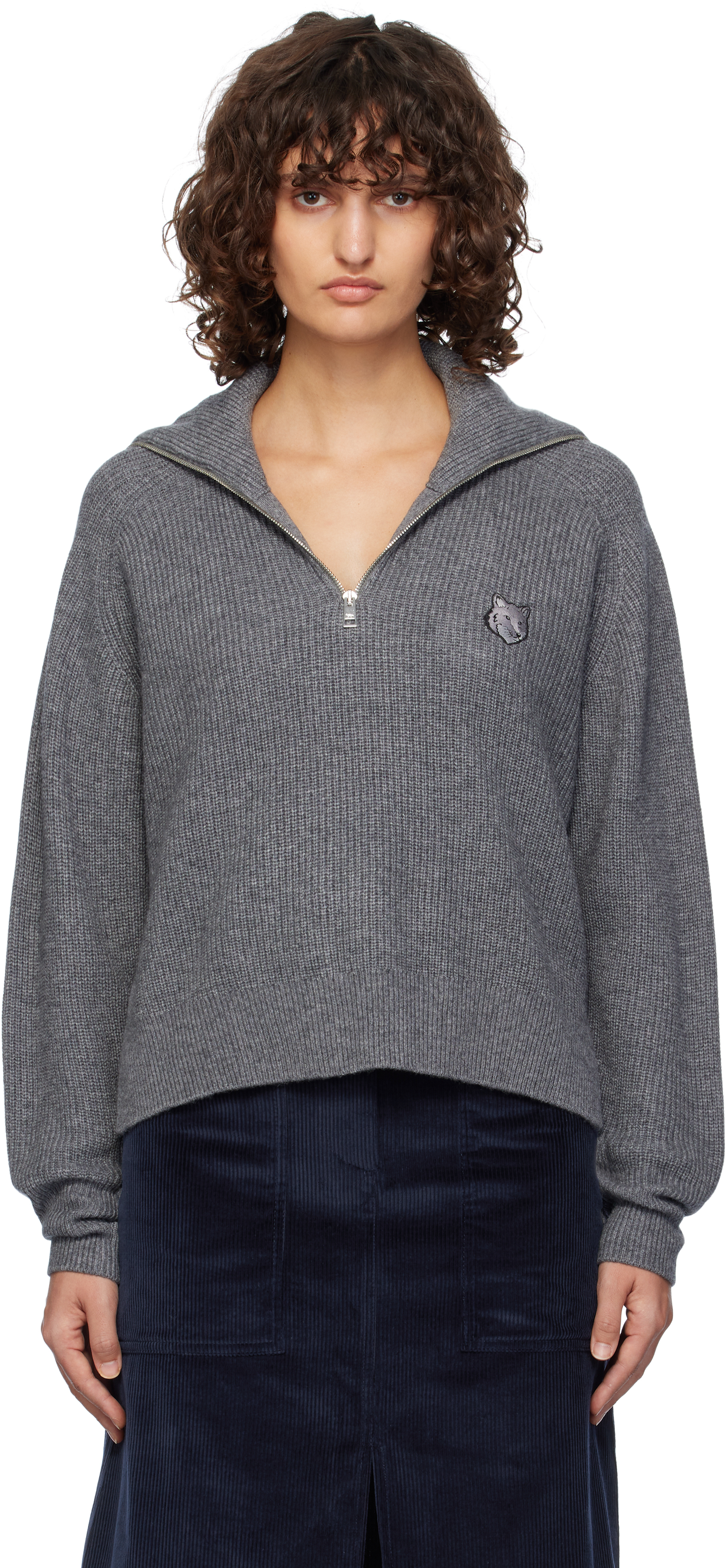 Shop Maison Kitsuné Gray Bold Fox Head Patch Half Zip Ribbed Sweater In H131 Medium Grey Mel