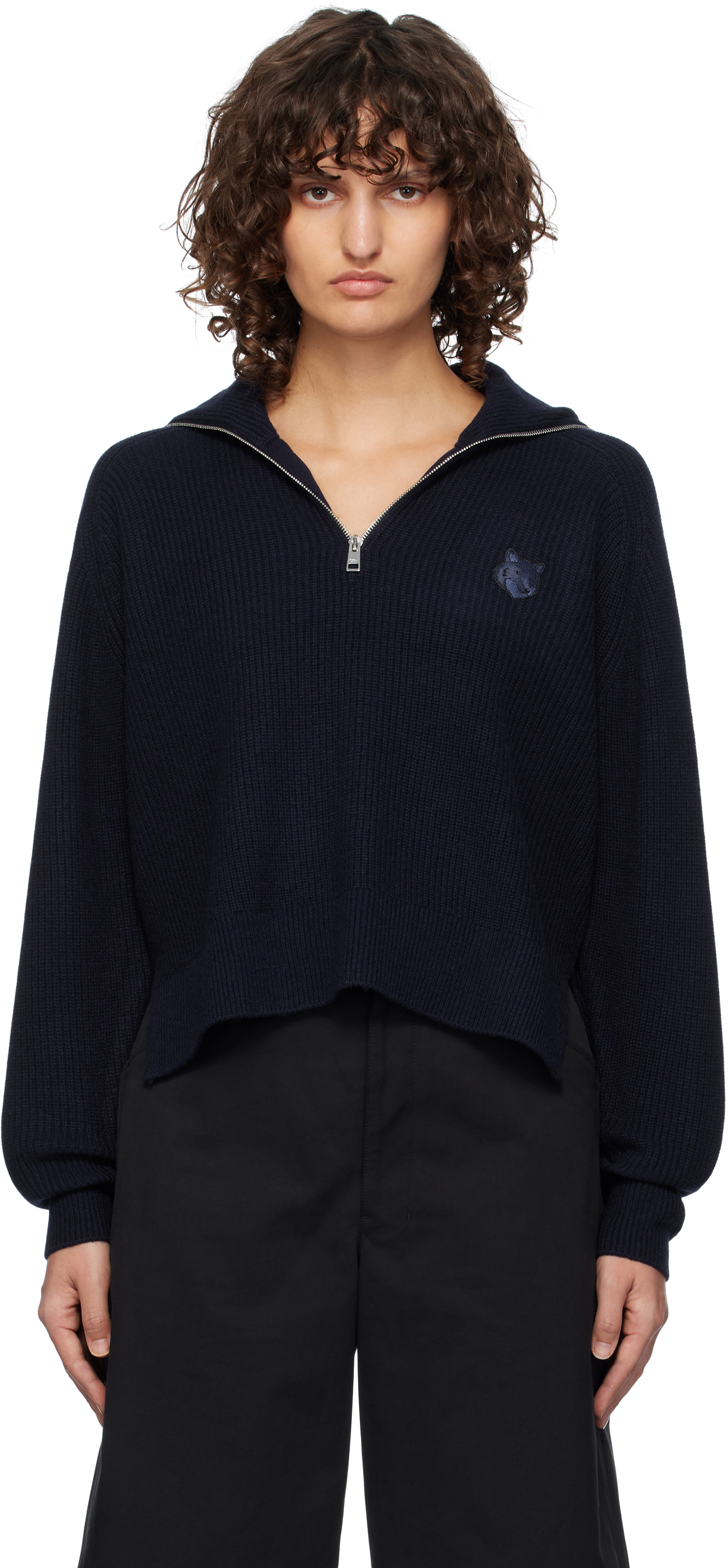 Shop Maison Kitsuné Navy Bold Fox Head Patch Half Zip Ribbed Sweater In P476 Ink Blue