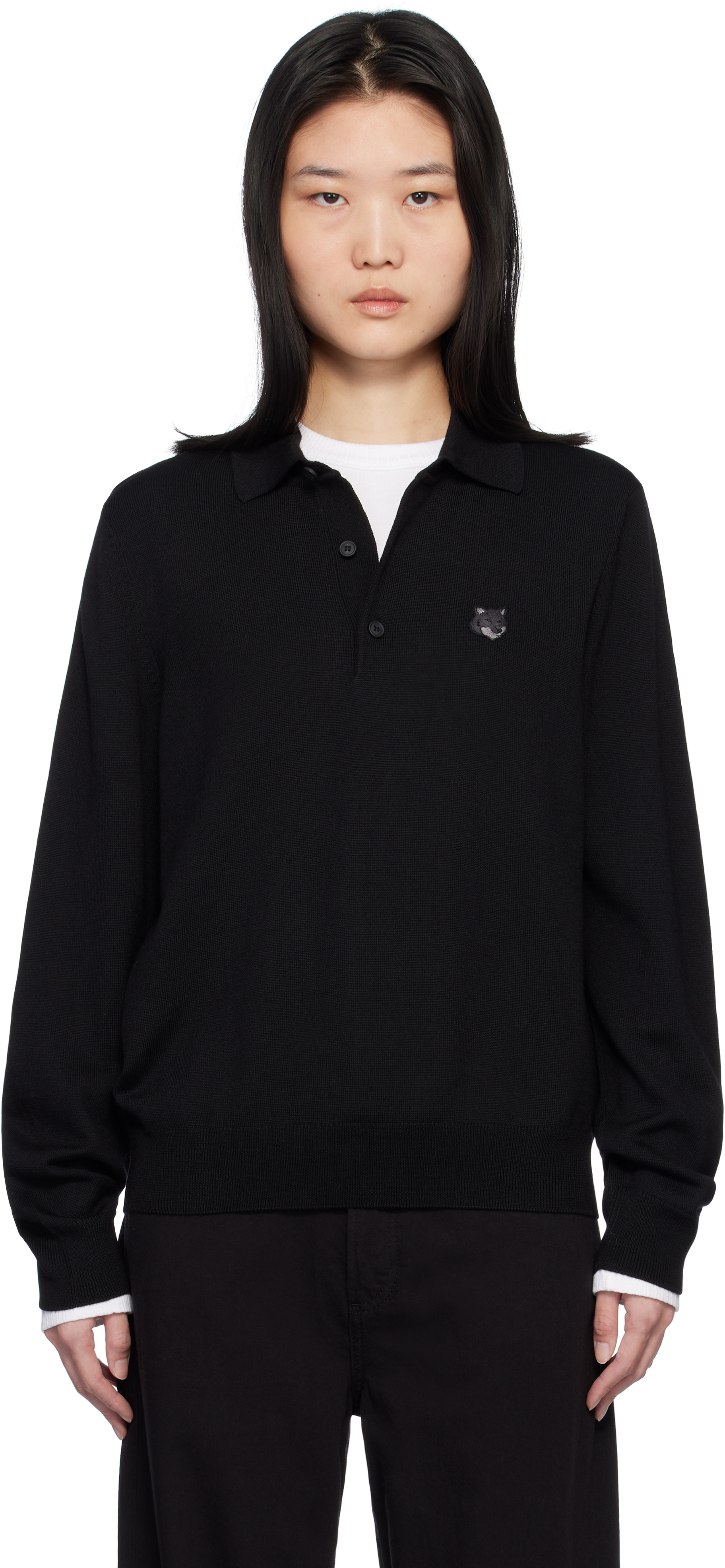 Black Bold Fox Head Long Sleeve Polo