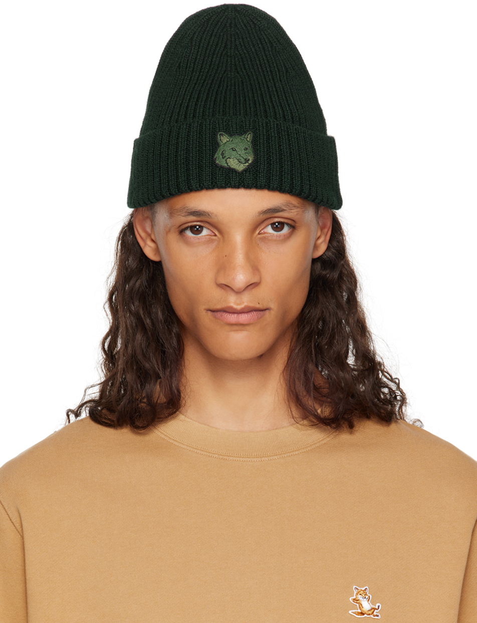 Shop Maison Kitsuné グリーン ボールド フォックスヘッド ビーニー In P391 Ranger Green