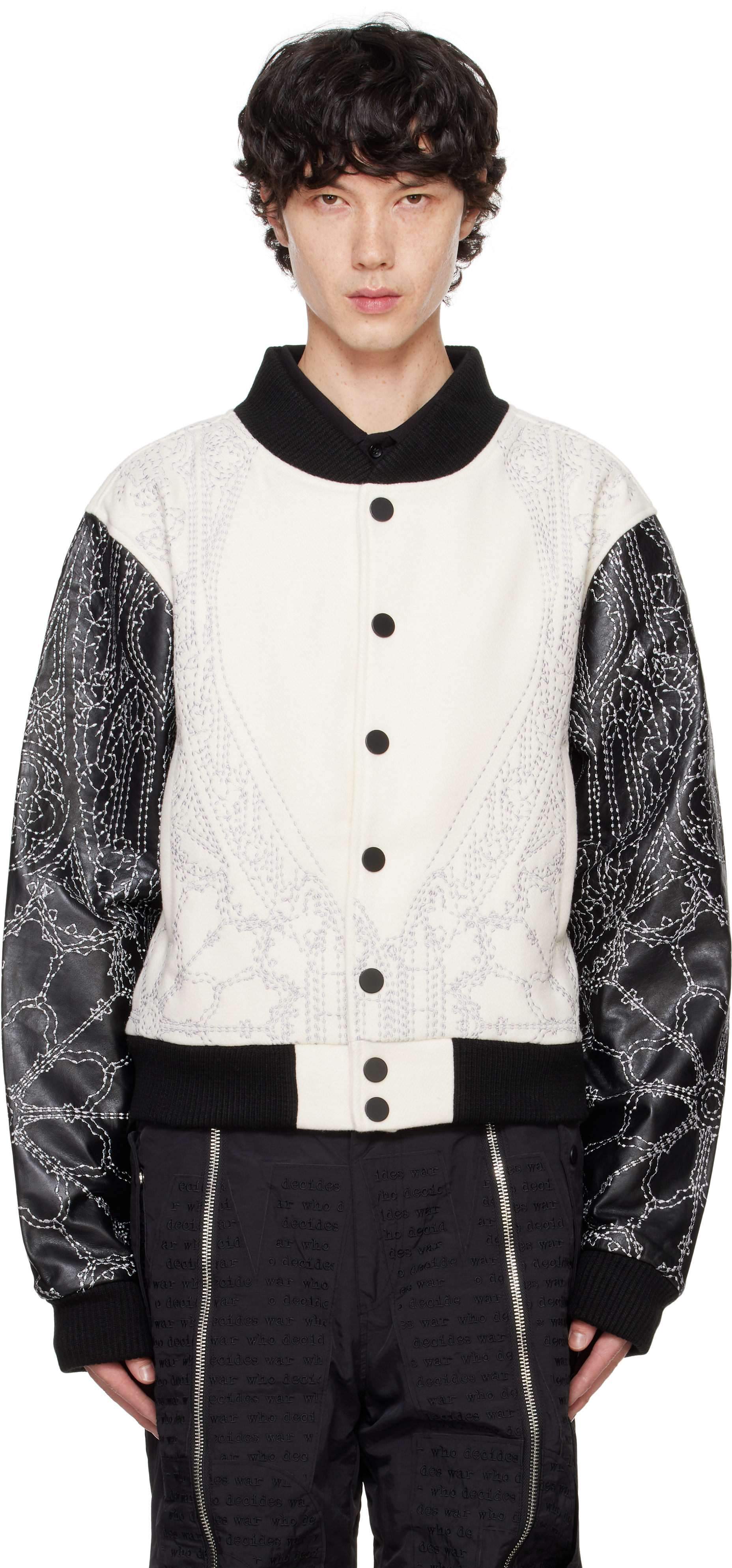 Who Decides War White & Black Notre Dame Varsity Leather Bomber Jacket In Cloud