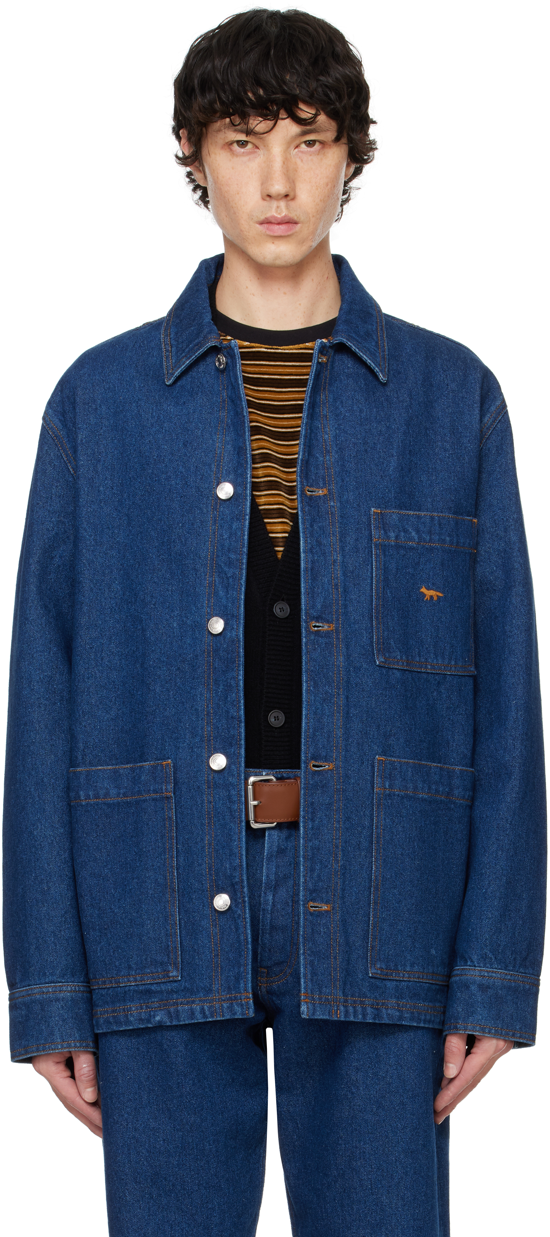 【関税込み】Maison Kitsune ネイビー デニム ワークジャケット Navy Workwear Denim Jacket by Maison Kitsuné on Sale