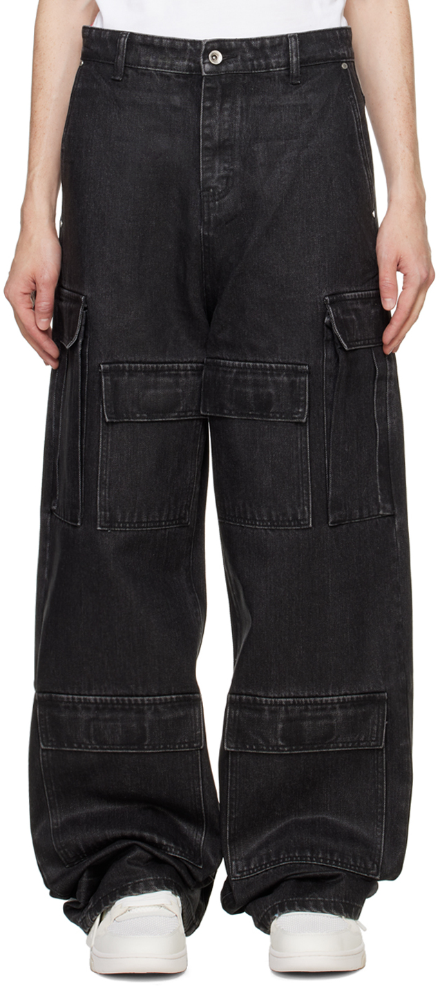 Black Waxed Denim Cargo Pants