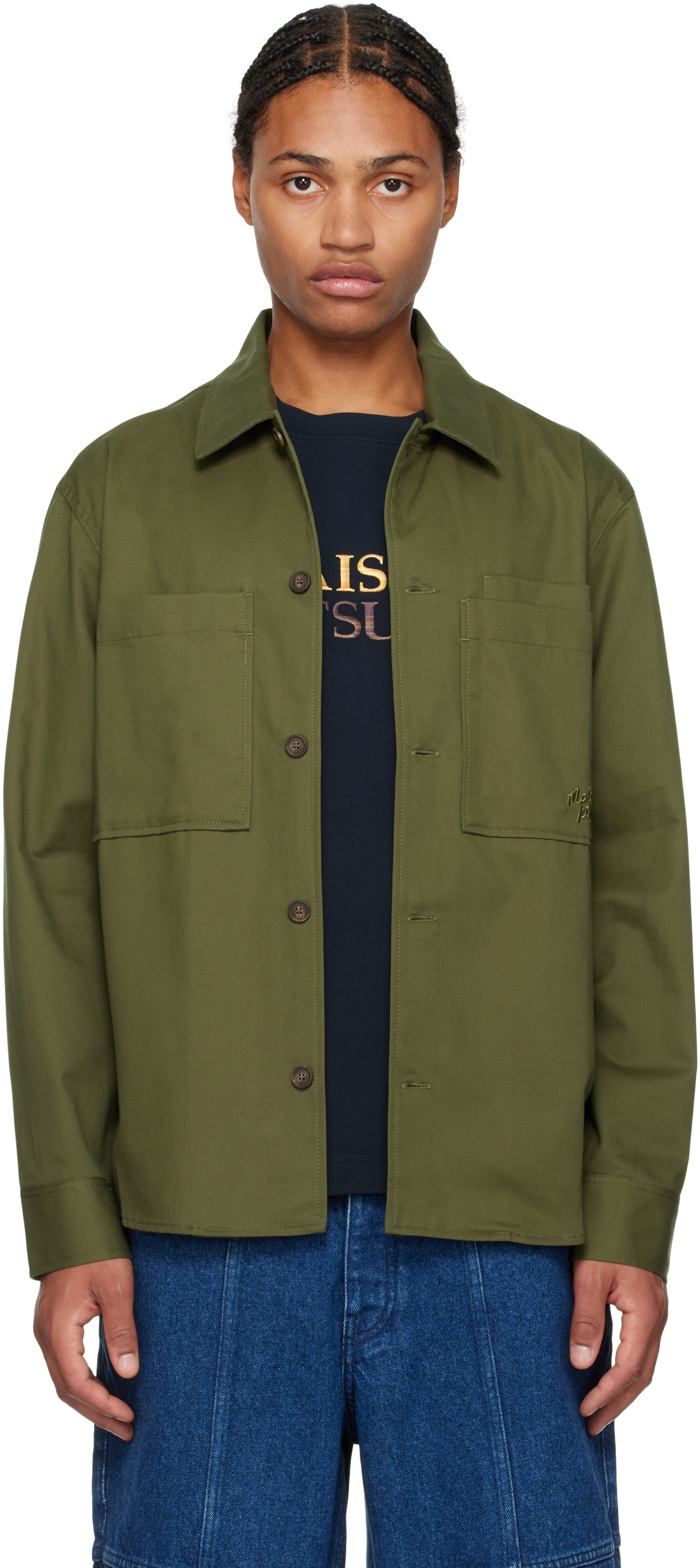 Maison Kitsuné Logo-embroidered Cotton-twill Overshirt In Green