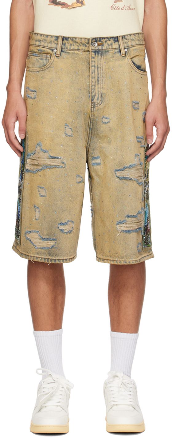 Shop Who Decides War Ssense Exclusive Navy & Beige Unfurled Denim Shorts In Sky