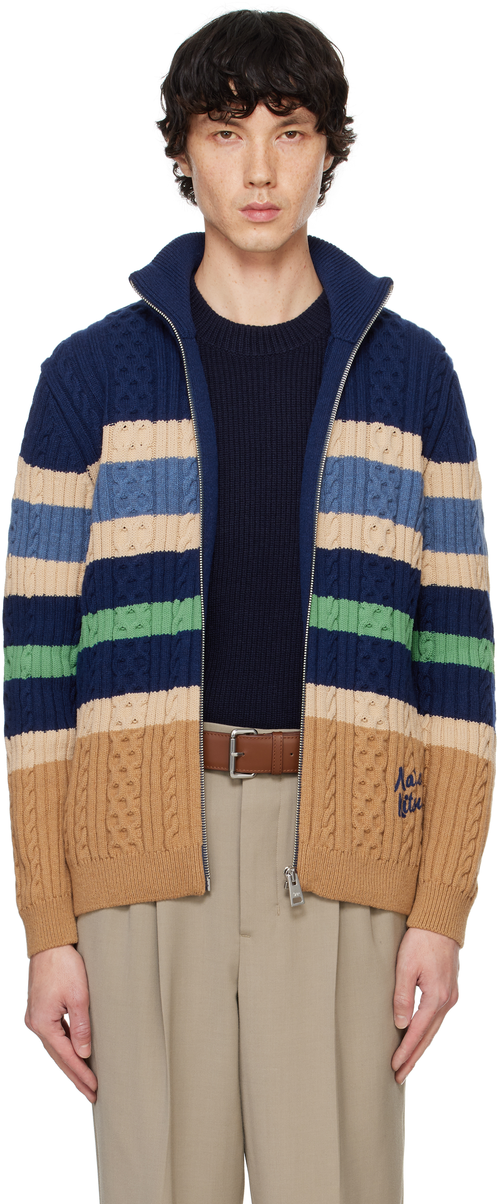 Maison Kitsuné Striped Cable Zipped Cardigan In Navy/chamomile In 0034 Navy/chamomile
