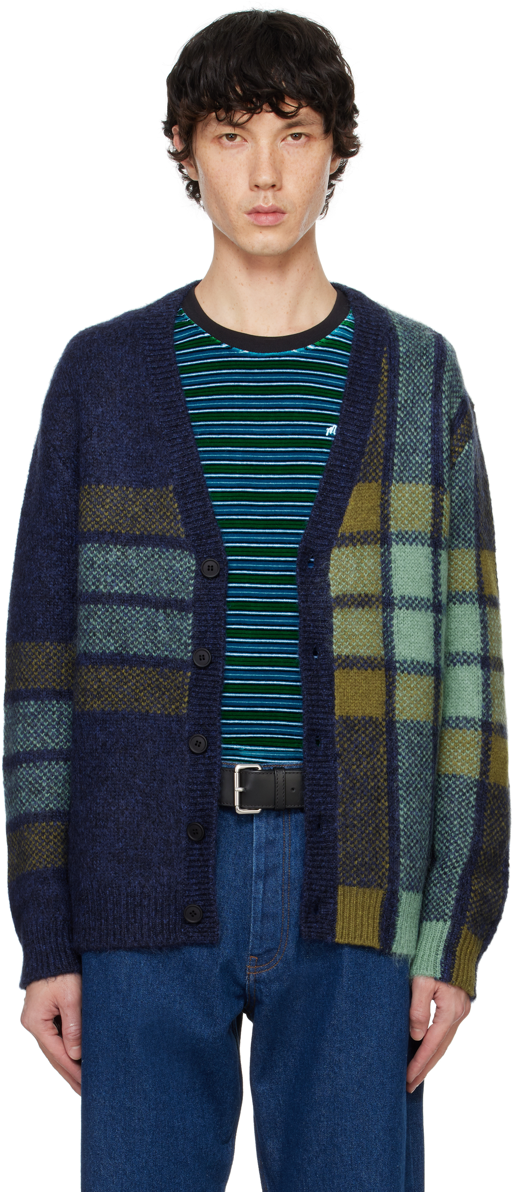 Maison Kitsuné Graphic Check Intarsia Cardigan Blue Wool Blend Cardigan With Multicolour Check - Graphic Check Inta In B425 Ink Blue/eucaly