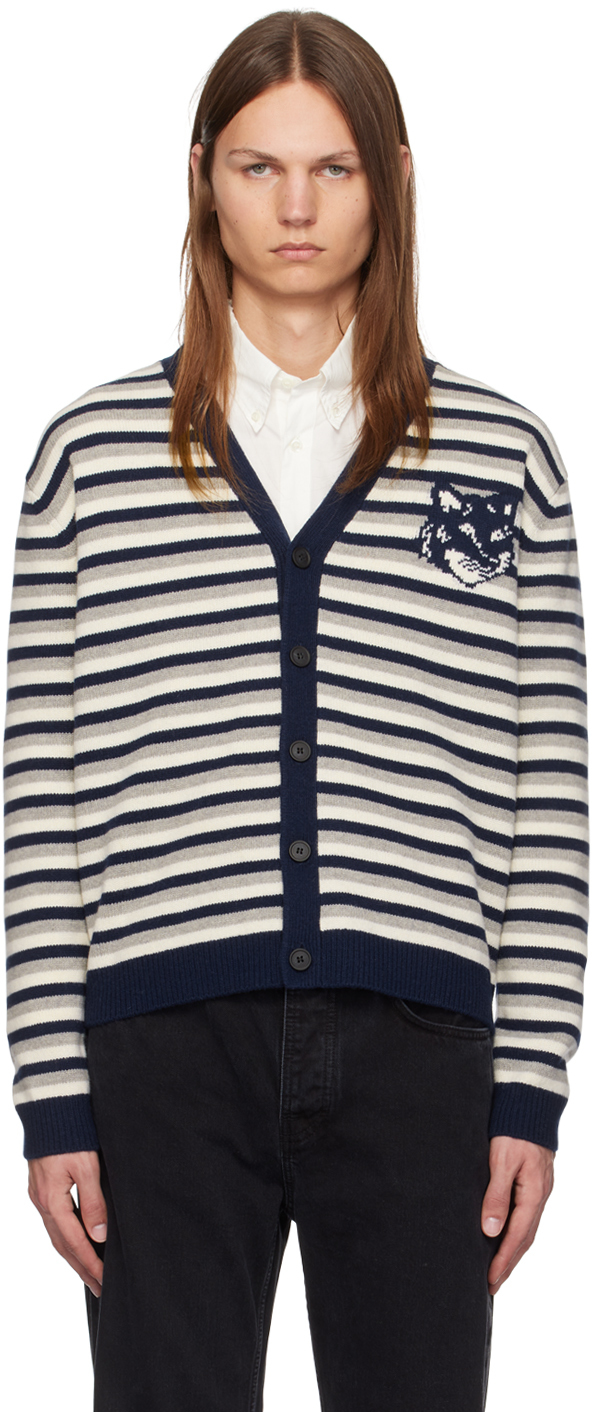 Shop Maison Kitsuné Navy Fox Head Intarsia Striped Cardigan In B481 Navy/white