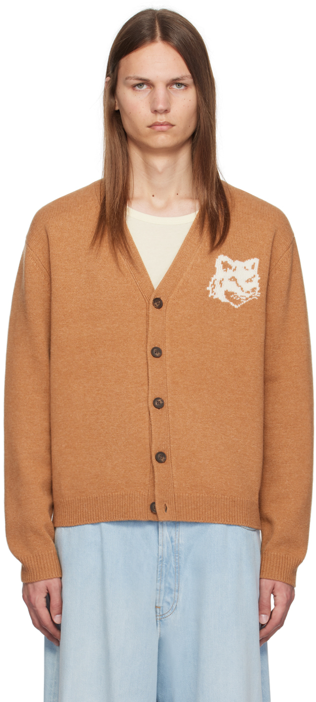 Shop Maison Kitsuné Tan Fox Head Intarsia Cardigan In P270 Sequoia