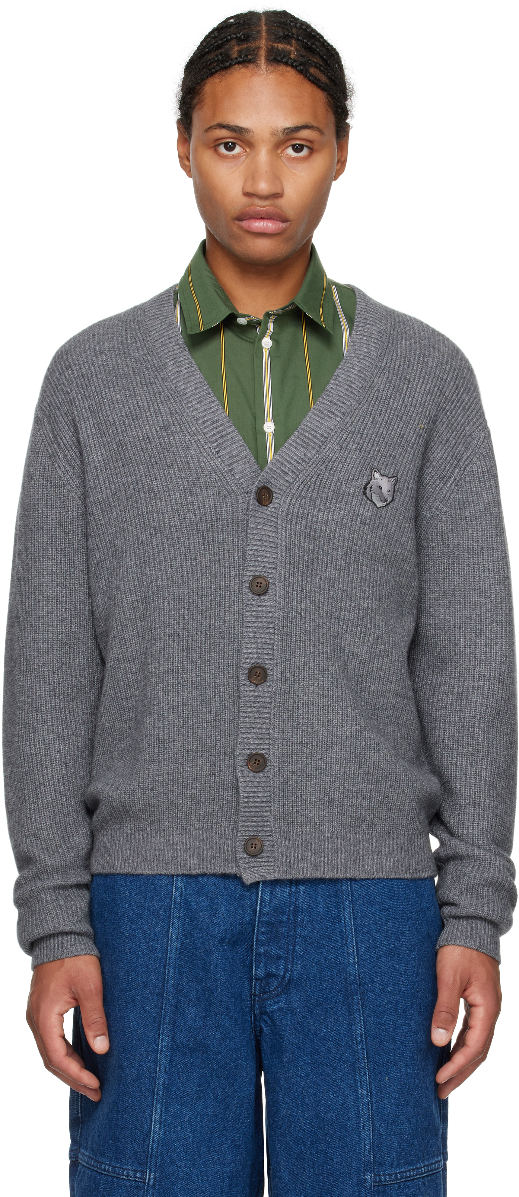 Maison Kitsuné Bold Fox Head Patch Comfort Ribbed Cardigan In H131 Medium Grey Mel