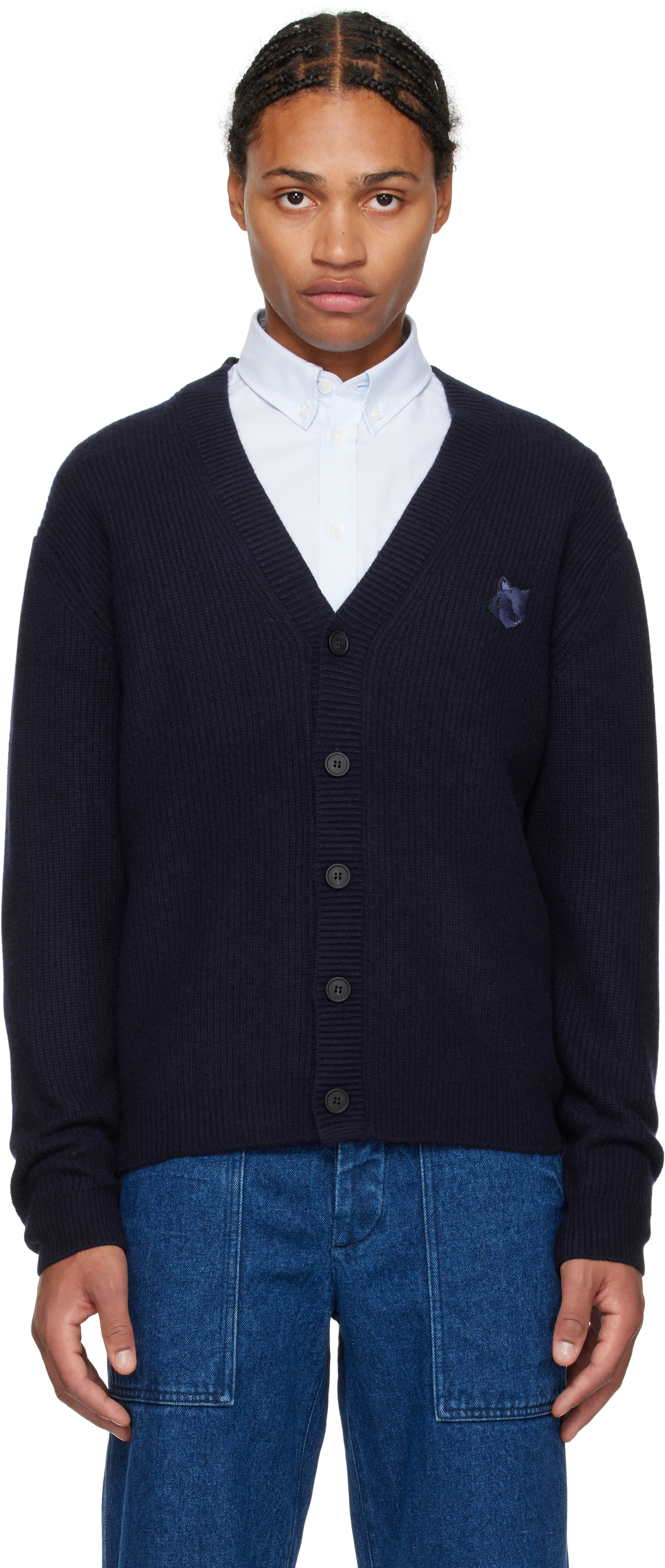 Maison Kitsuné Navy Bold Fox Head Patch Comfort Ribbed Cardigan In P476 Ink Blue