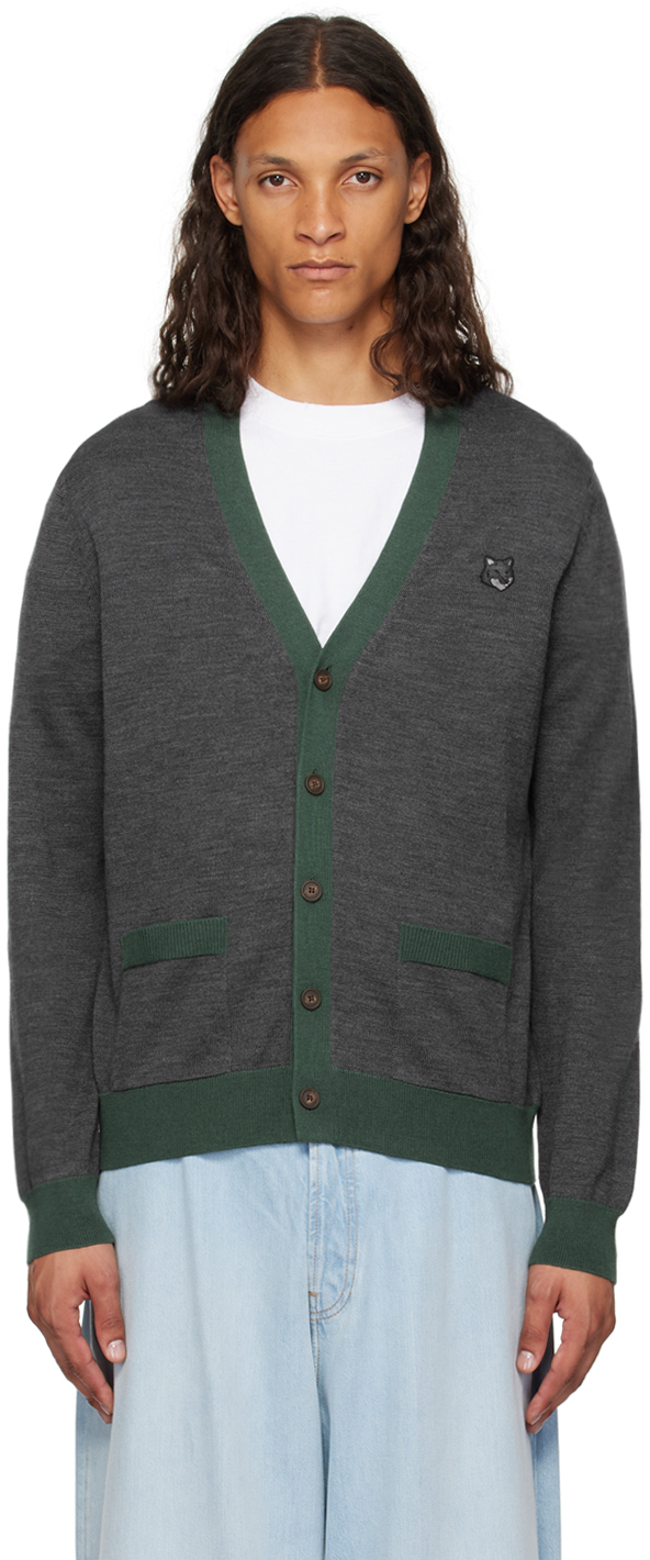 MAISON KITSUNÉ GRAY BOLD FOX HEAD CARDIGAN 