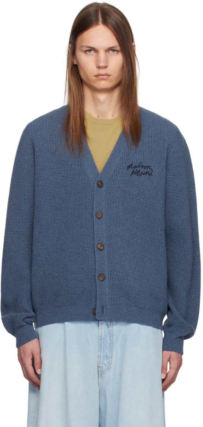 Shop Maison Kitsuné Blue '' Handwriting Cardigan In P433 Storm Blue