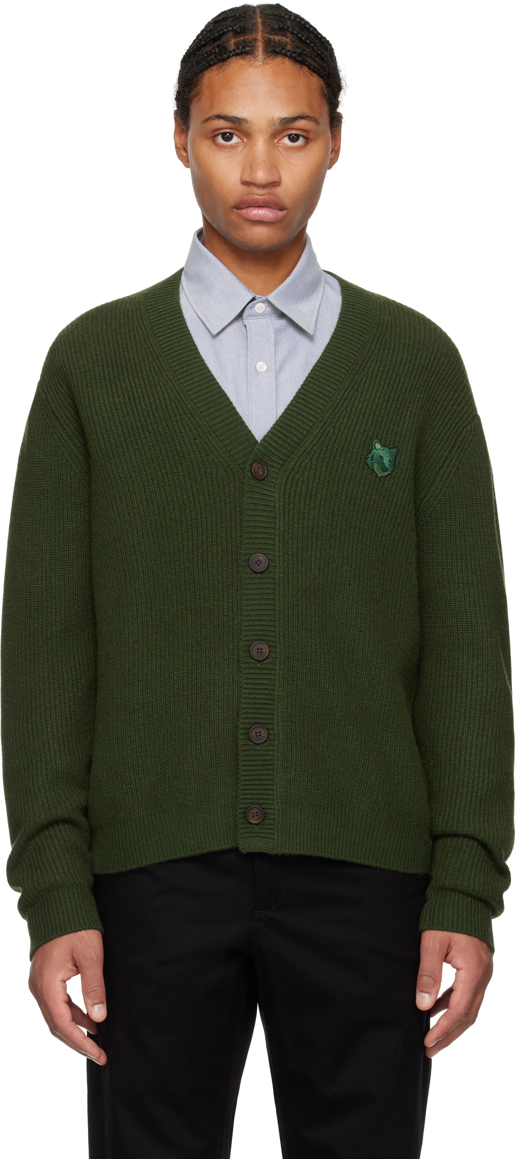 Maison Kitsuné Green Bold Fox Head Patch Comfort Ribbed Cardigan In P391 Ranger Green