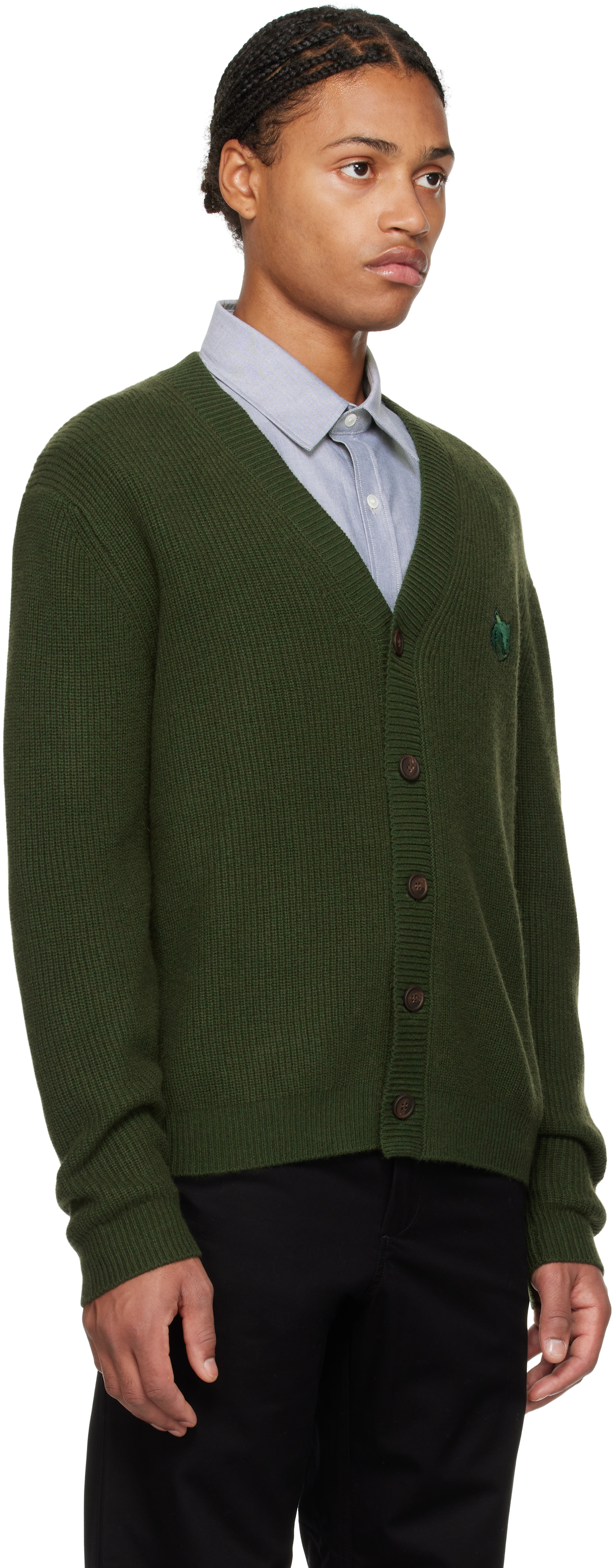Maison Kitsuné Bold Fox Head Patch Knitted Cardigan In P391 Ranger Green