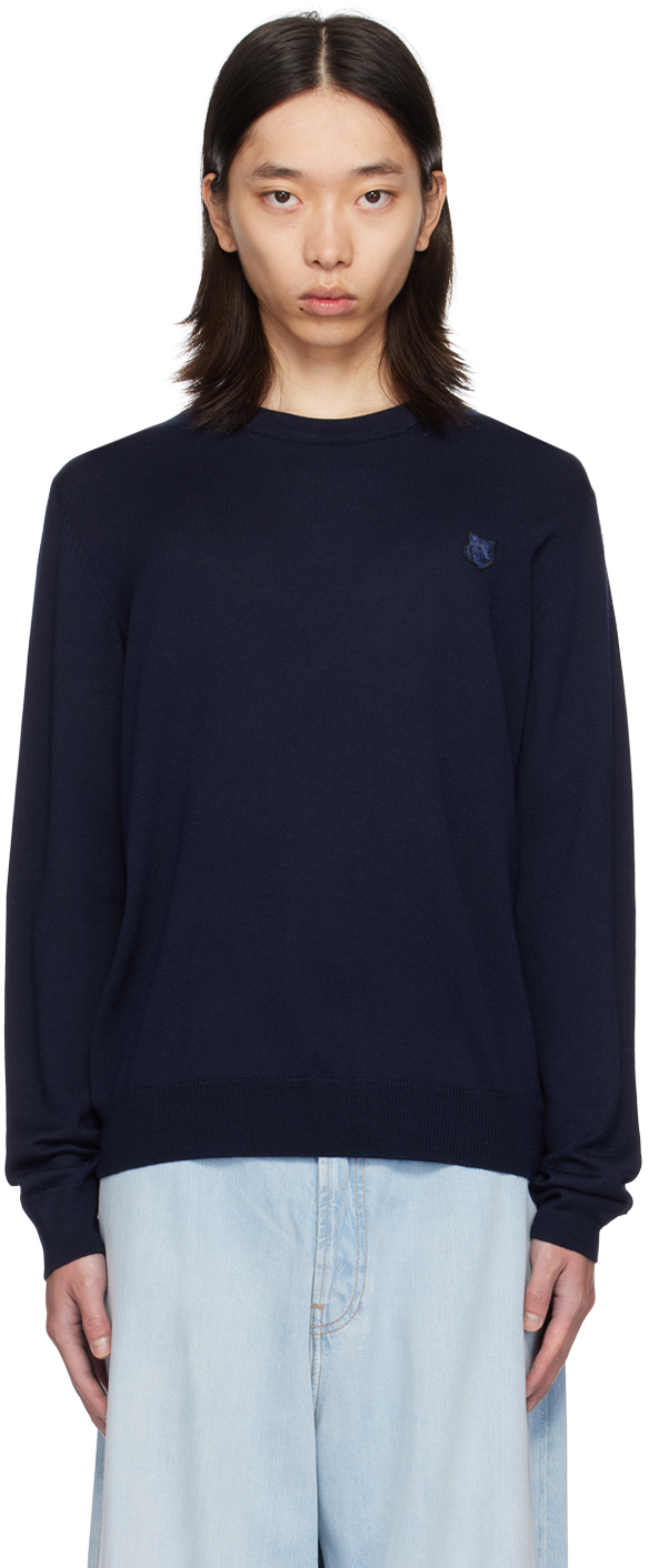 Navy Bold Fox Head Sweater by Maison Kitsuné on Sale