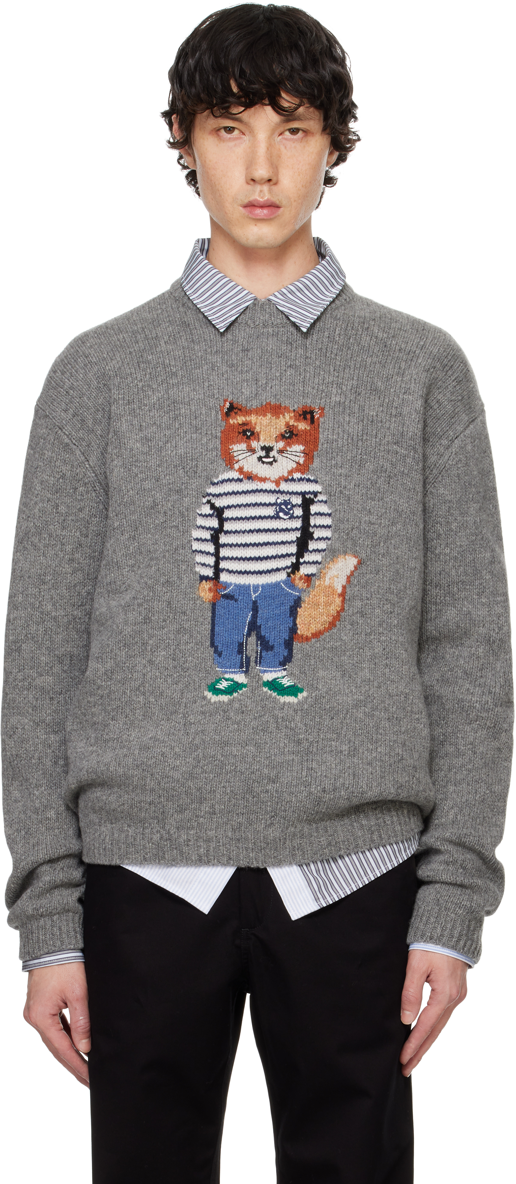 Shop Maison Kitsuné Gray Dressed Fox Intarsia Sweater In H131 Medium Grey Mel