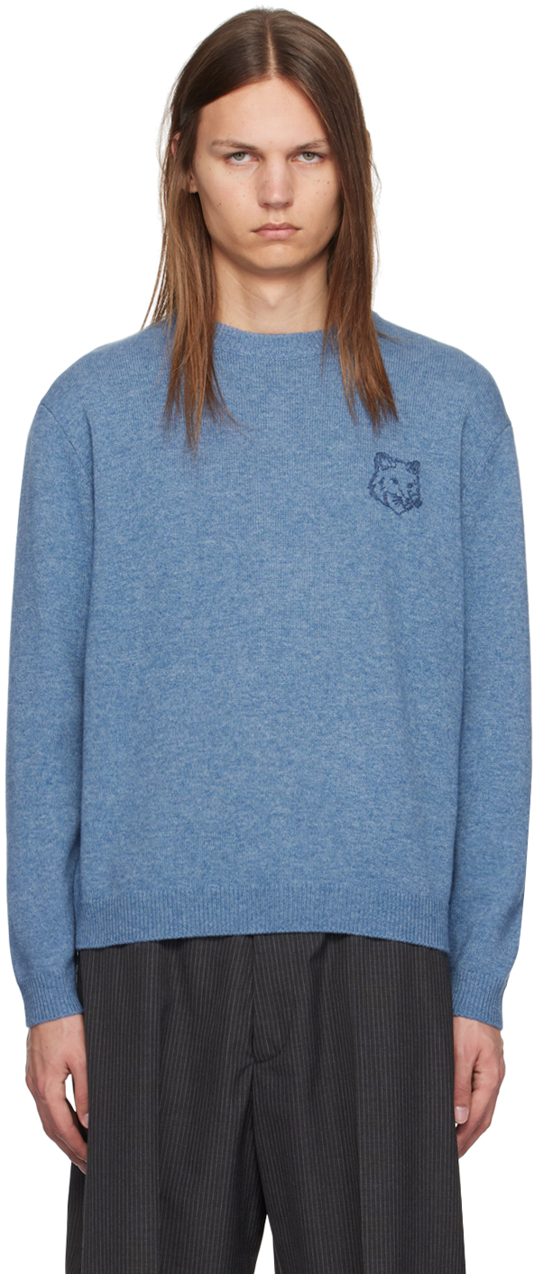 Shop Maison Kitsuné Blue Bold Fox Head Embroidered Sweater In H420 Blue Melange