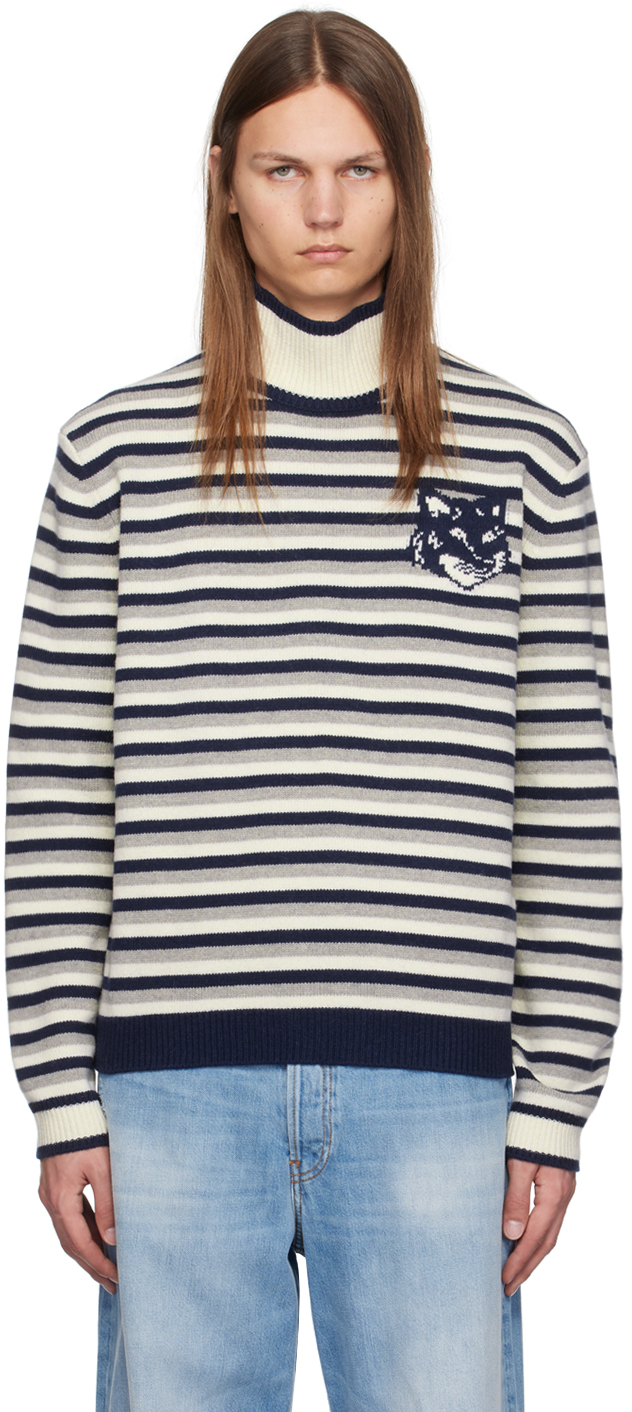 Shop Maison Kitsuné Navy & White Fox Head Intarsia Striped Turtleneck In B481 Navy/white