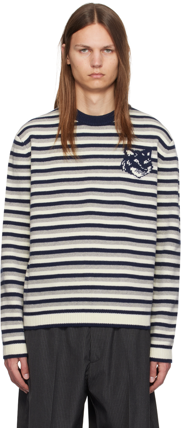 Shop Maison Kitsuné Navy & White Fox Head Intarsia Striped Sweater In B481 Navy/white