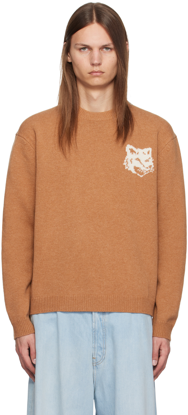 Shop Maison Kitsuné Tan Fox Head Intarsia Sweater In P270 Sequoia