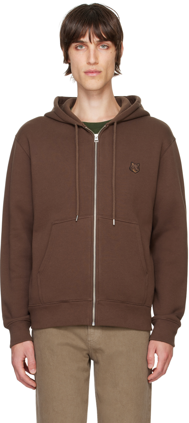 Shop Maison Kitsuné Brown Bold Fox Head Patch Zipped Hoodie In P296 Firewood