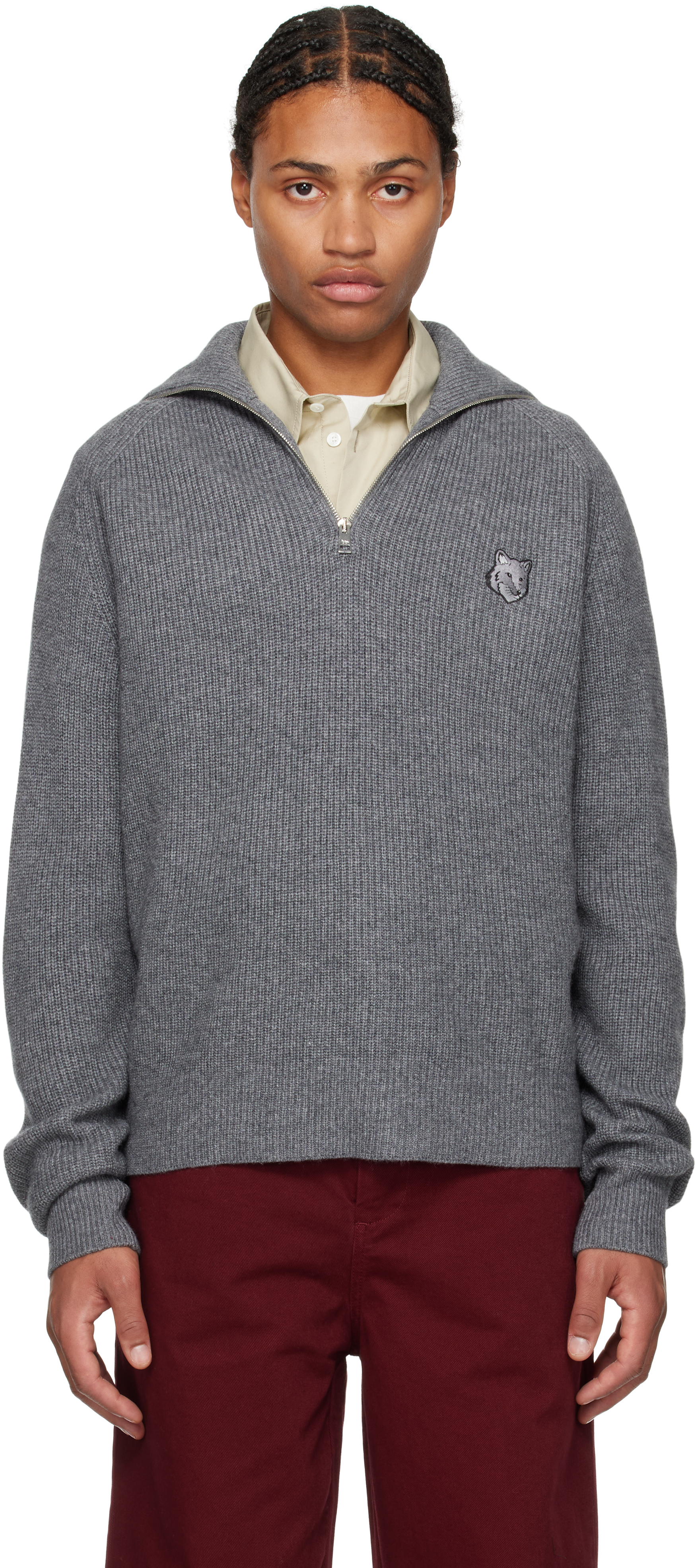 Shop Maison Kitsuné Gray Bold Fox Head Patch Half Zip Ribbed Sweater In H131 Medium Grey Mel