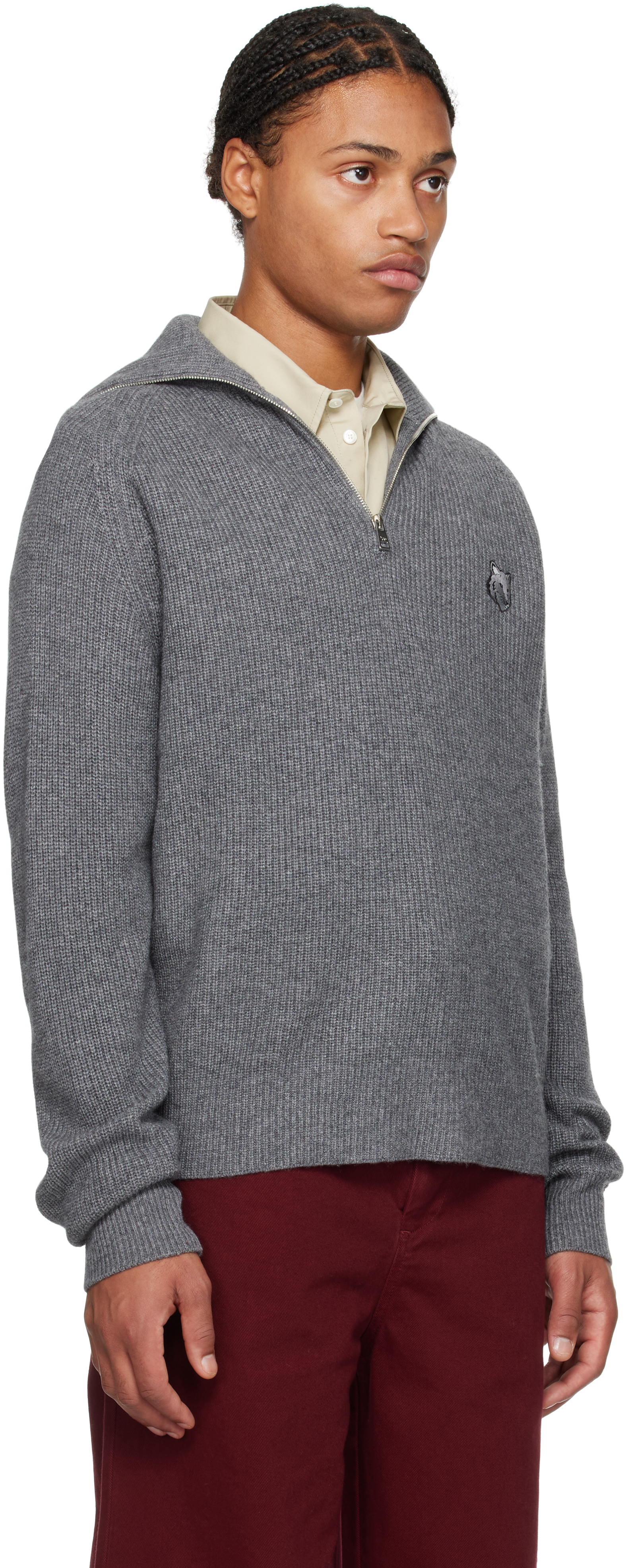 Shop Maison Kitsuné Gray Bold Fox Head Patch Half Zip Ribbed Sweater In H131 Medium Grey Mel
